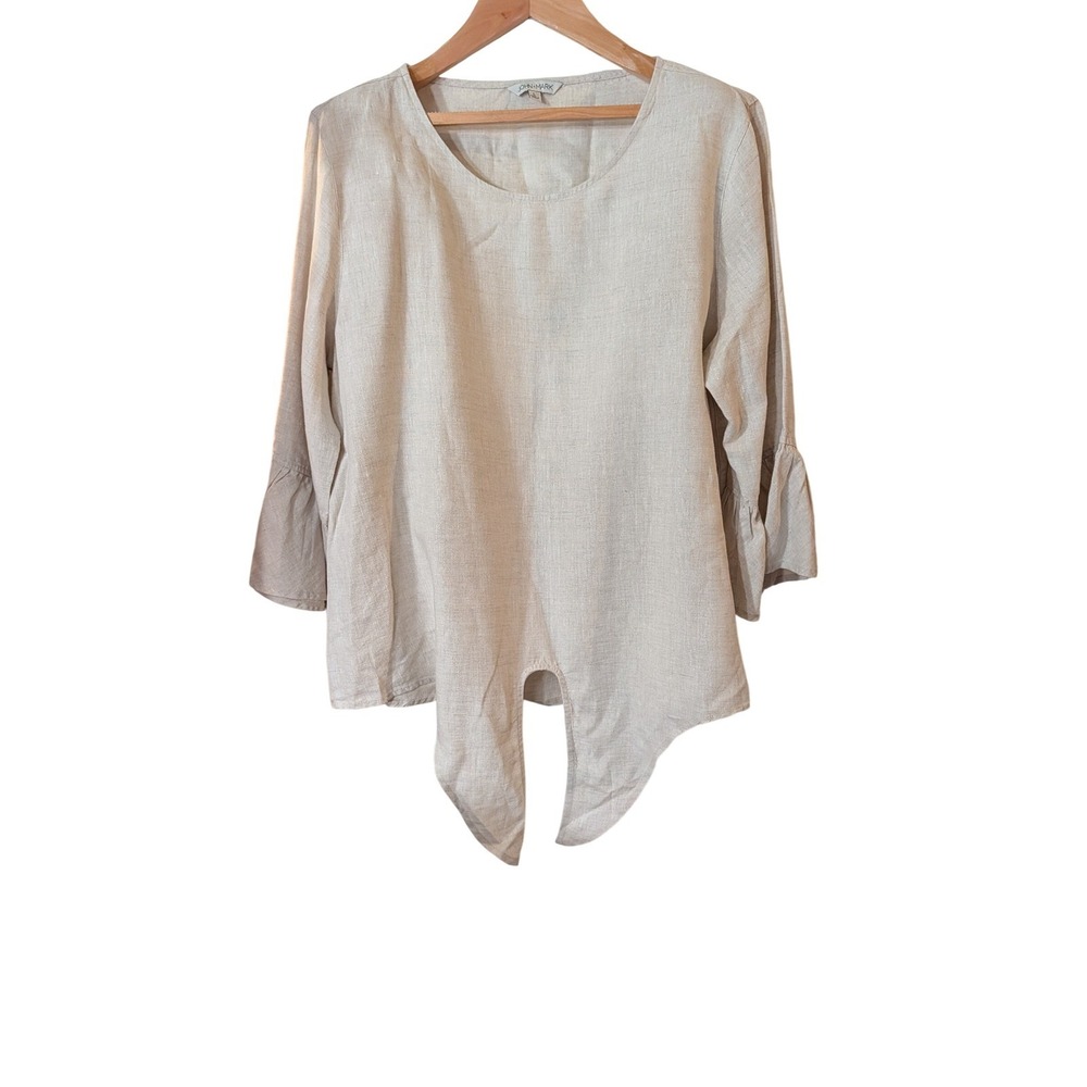 John Mark Womens Large Beige 100% Linen Ruffle Sleeve Tie Front Blouse Top